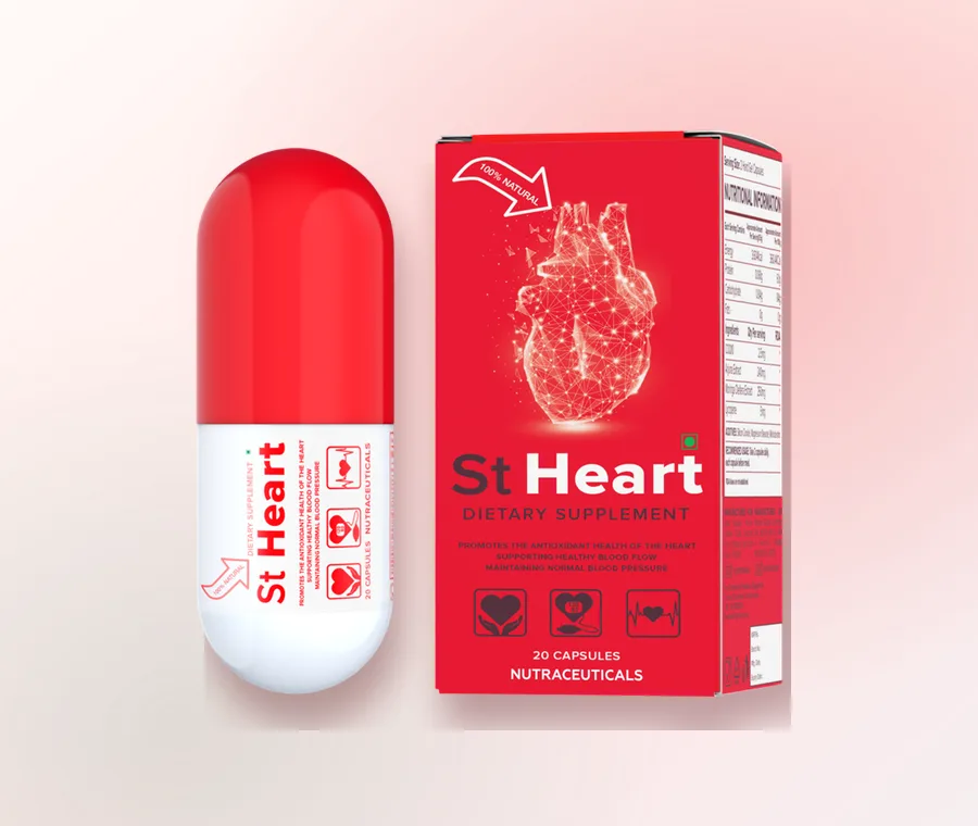 Capsules St Heart pour la tension artérielle : boîte rouge et capsule d’origine, 20 capsules, vendues au Cameroun